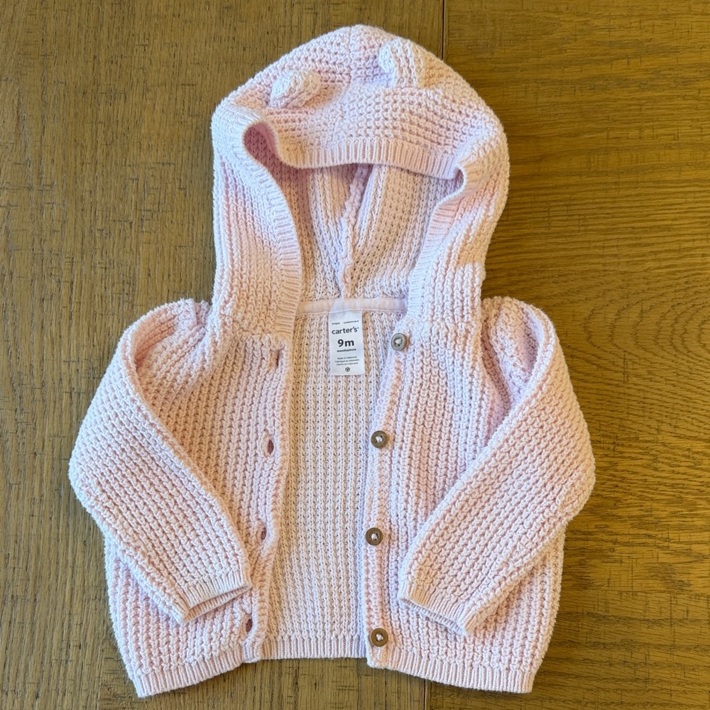 9M Carter's Light Pink Knit Hooded Baby Cardigan EUC